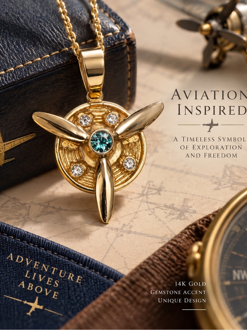 14K Gold Airplane Propeller Pendant Blue & Clear Gemstone Aviation Charm